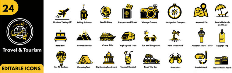 Comprehensive collection of vector travel and tourism icons featuring essential elements like planes, luggage, and globes, ideal for vacation planning applications and digital projects