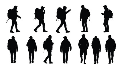 Hikers and travelers silhouettes collection isolated on white background, Vector