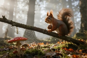 Red squirrel perched on a branch in a forest, holding a nut near a red-capped mushroom and spiderweb