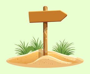 Wooden arrow signpost on a sandy beach mound with grass flat vector illustration design element