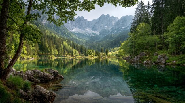 Fairy-tale alpine mountain lake with crystal-clear calm waters reflecting majestic snow-capped peaks and lush green slopes, scenic landscape of lake fusine in the alps under soft natural light