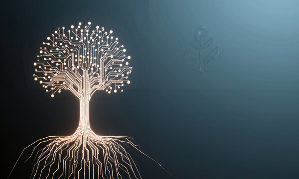 Cyber Savings Symbol - digital tree growing from luminous circuit roots, metaphorical composition with gradient background.