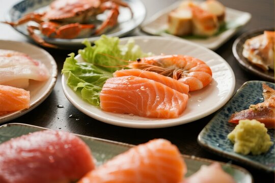 Assorted fresh seafood and sushi platter featuring salmon, shrimp, crab, and wasabi on decorative plates