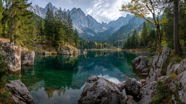 Fairy-tale alpine mountain lake with crystal-clear calm waters reflecting majestic snow-capped peaks and lush green slopes, scenic landscape of lake fusine in the alps under soft natural light