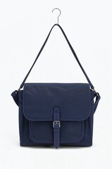 Blue messenger bag with strap on white background