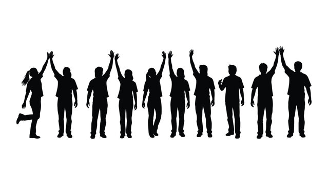 Diverse group of people silhouettes raising hands isolated on white background, Vector