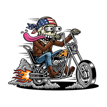 Biker Skeleton on Motorcycle with American Flag Bandana