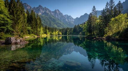 Fairy-tale alpine mountain lake with crystal-clear calm waters reflecting majestic snow-capped peaks and lush green slopes, scenic landscape of lake fusine in the alps under soft natural light