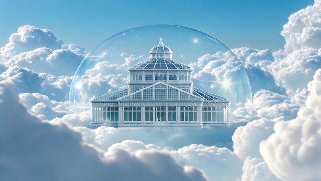 Ornate greenhouse structure encased in a bubble floating amongst dreamy clouds