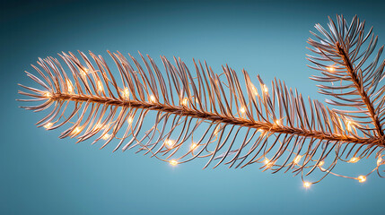 Close-up of a detailed metallic Christmas pine branch decoration wrapped with tiny warm white LED string lights on a cyan background