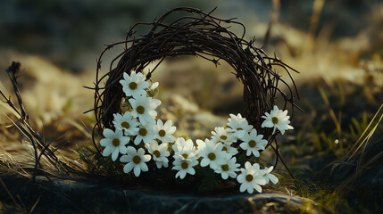 Rustic wreath with white daisies on natural forest ground