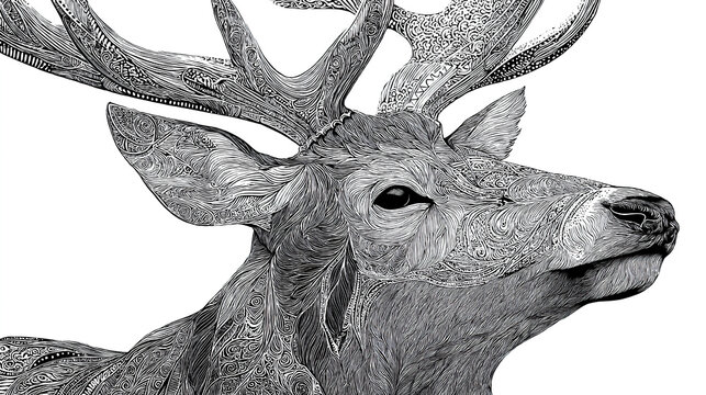Highly detailed black and white line art drawing of a majestic stag's head and antlers in an intricate, ornamental style