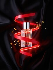 Elegant perfume bottle with red ribbon and sparkles