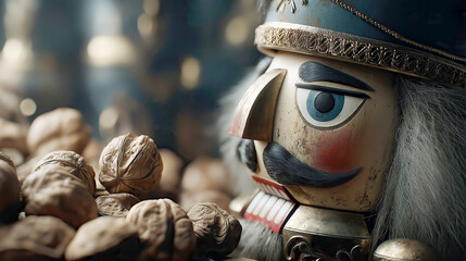 Macro shot of a classic nutcracker soldier toy next to a pile of walnuts, creating a warm, festive Christmas atmosphere