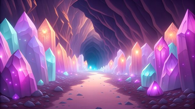 Enchanting crystal cave pathway illuminated by glowing gemstones and ethereal light