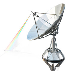 Captivating satellite dish with vibrant rainbow beam, perfect for science, technology, and communication themes, transmitting colorful data with advanced equipment