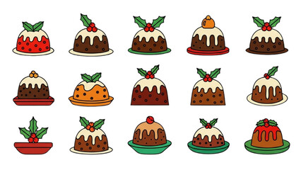 Christmas Pudding Set – Black Outline Colorful Geometric Pictograms with Holly Details