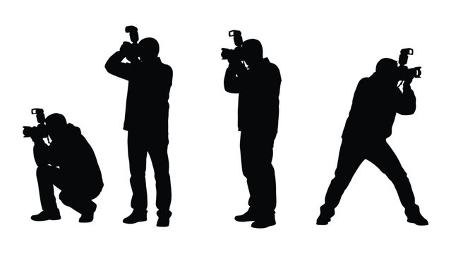 Photographer silhouettes with cameras and flashes isolated on white background, Vector