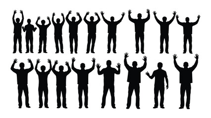 Group of people silhouettes with raised hands isolated on white background, Vector