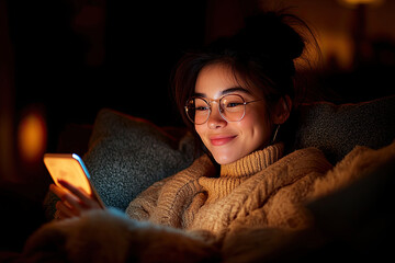 Fototapeta premium A young woman with glasses smiles while looking at her phone, cozy in a warm sweater, surrounded by soft cushions in a dimly lit room.