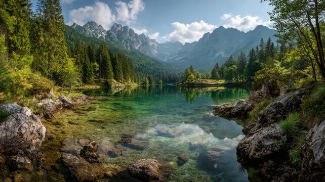 Fairy-tale alpine mountain lake with crystal-clear calm waters reflecting majestic snow-capped peaks and lush green slopes, scenic landscape of lake fusine in the alps under soft natural light - Powered by Adobe