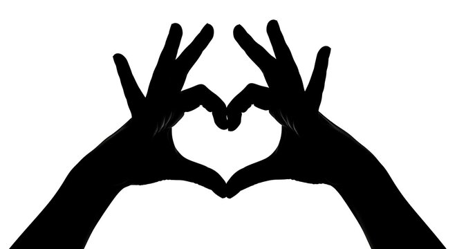 High contrast silhouette of hands shaped like a heart isolated on white depicting love and togetherness.