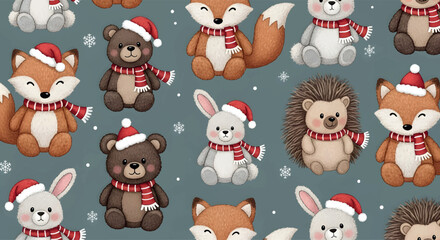 Obraz premium Festive Watercolor Animals Pattern: Christmas Bears, Foxes, Rabbits, and Hedgehogs