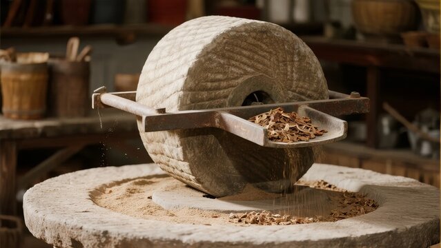Stone mill grinding grain in a rustic workshop setting