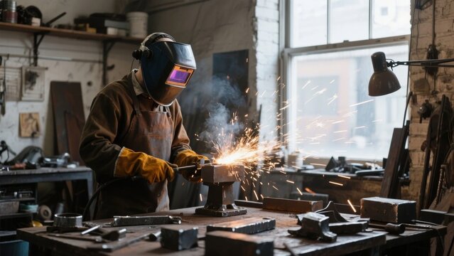 A welder works in a workshop, creating sparks while welding metal pieces.