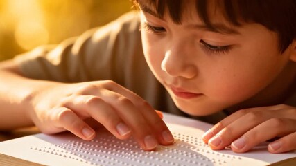 close up view of a visually impaired child reading a braille book with their fingertips, inclusive learning video footage