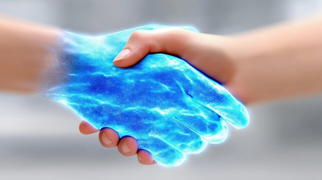 Close-up of two hands shaking, one with a vibrant blue digital energy overlay, suggesting technology and connection. Soft, blurred background. - Powered by Adobe