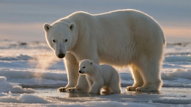 A polar bear and her cub walking on sea ice in the Arctic during golden hour - Powered by Adobe