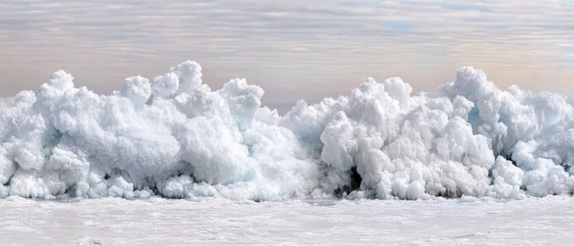 A panoramic view of jagged, piled ice formations on a frozen body of water, under a pale, cloudy sky. The ice has a textured, sculpted appearance, with shadows