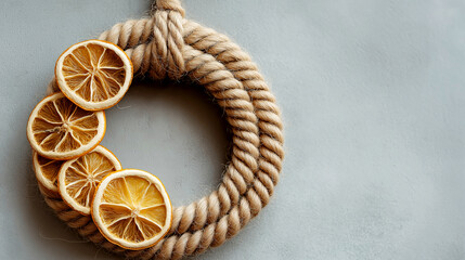 Rustic Christmas wreath made of thick natural rope adorned with several slices of dried orange and lemon, set against a simple gray background.