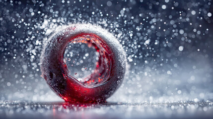 Macro image of a red, donut-shaped liquid ring splashing into water, surrounded by dramatic water droplets and spray on a wet, reflective dark surface.