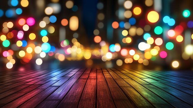 Wooden floor with vibrant rainbow colors against a nighttime city bokeh background