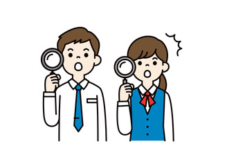 虫眼鏡を持って驚く、若い男女の会社員のシンプルな上半身ベクターイラスト素材＿カラー