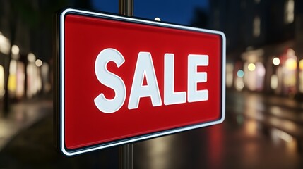 Illuminated red rectangular sale sign with white lettering hangs against a dark street background