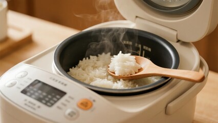 Steaming rice in a rice cooker with a wooden spoon lifting fluffy grains