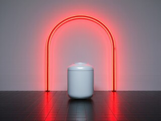 White cylinder under red neon archway