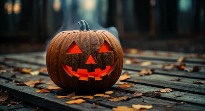 Spooky carved pumpkin glows with warm light on a rustic wooden surface surrounded by autumn leaves.