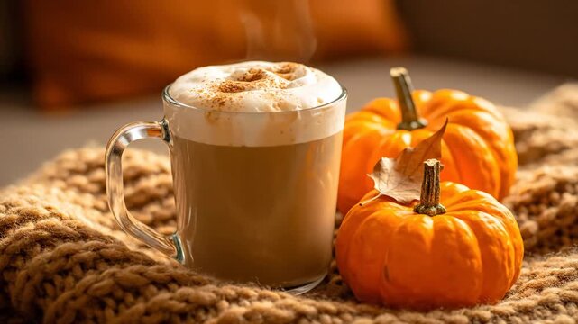 Autumn Pumpkin Spice Latte Still Life - A clear glass mug filled with pumpkin spice latte topped with whipped cream and cinnamon sits on a chunky knit blanket, next to two mini pumpkins.