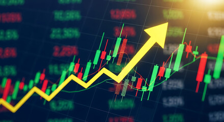 Bullish stock market trend with upward arrow and candlestick chart