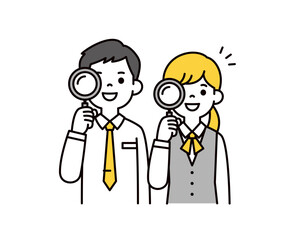 虫眼鏡を覗いて検索する、若い男性社員と女性社員のシンプルな上半身ベクターイラスト素材