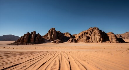 Dramatic rock formations in wadi rum desert jordan under a clear blue sky