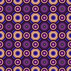 Vibrant retro circles dance in an eye-catching seamless pattern, perfect for bold backgrounds and groovy textile designs, radiating energy and fun
