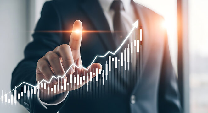 Businessman pointing at upward trending financial graph with digital overlay - Powered by Adobe