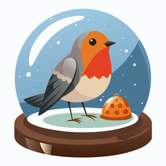 Cute cartoon robin bird illustration on a snowy Christmas tree branch for a winter holiday card design