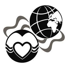 Global Heart Connection Vector Logo Concept: Stylized Monochrome Icon Representing World Peace, Community, Love, and International Solidarity on a White Background.