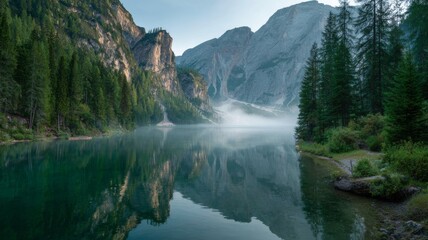 Incredible braies lake landscape in the dolomites mountains, italy, with morning fog over pristine alpine waters, majestic italian mountain scenery and serene natural beauty